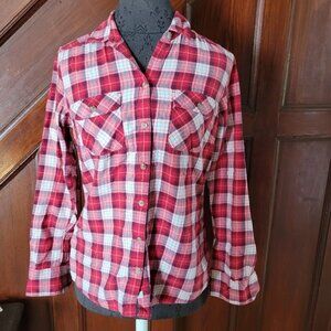 Eddie Bauer Shirt Womens Small Button Up Flannel Plaid Red Long Sleeve Casual